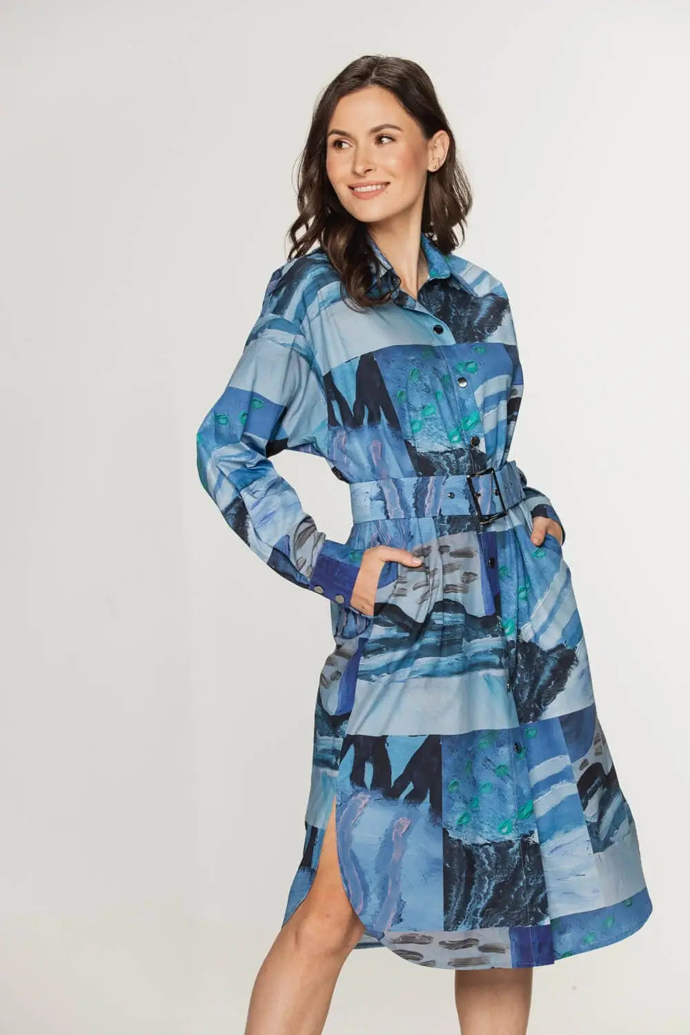 Artistic Blue Long-Sleeved Cotton Shirt Dress