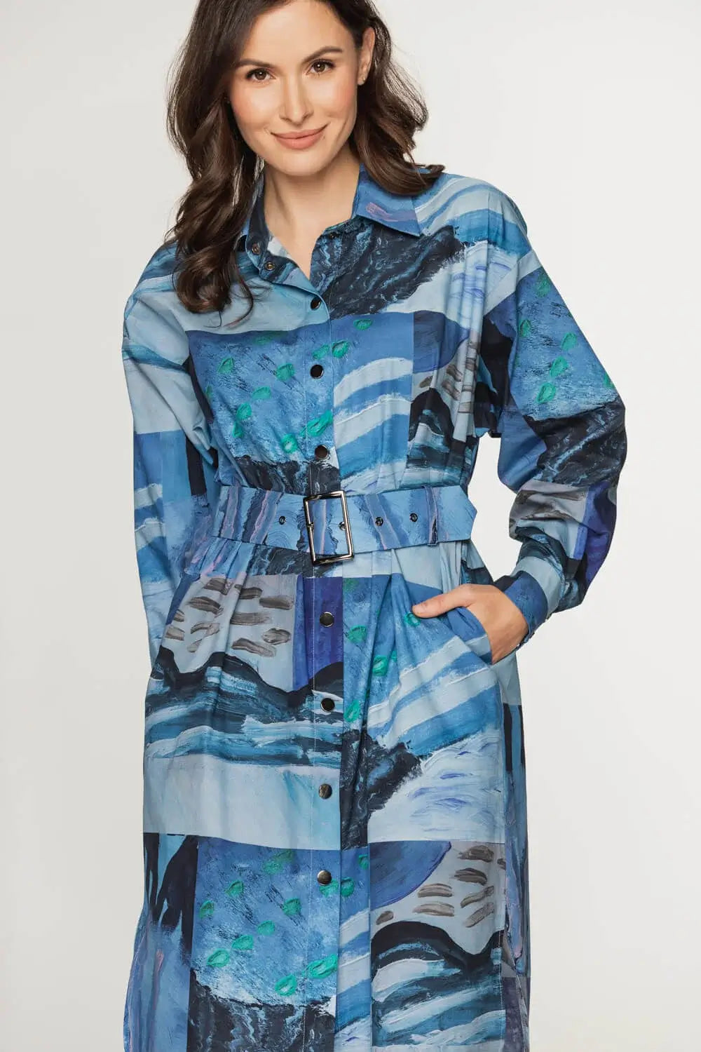 Artistic Blue Long-Sleeved Cotton Shirt Dress