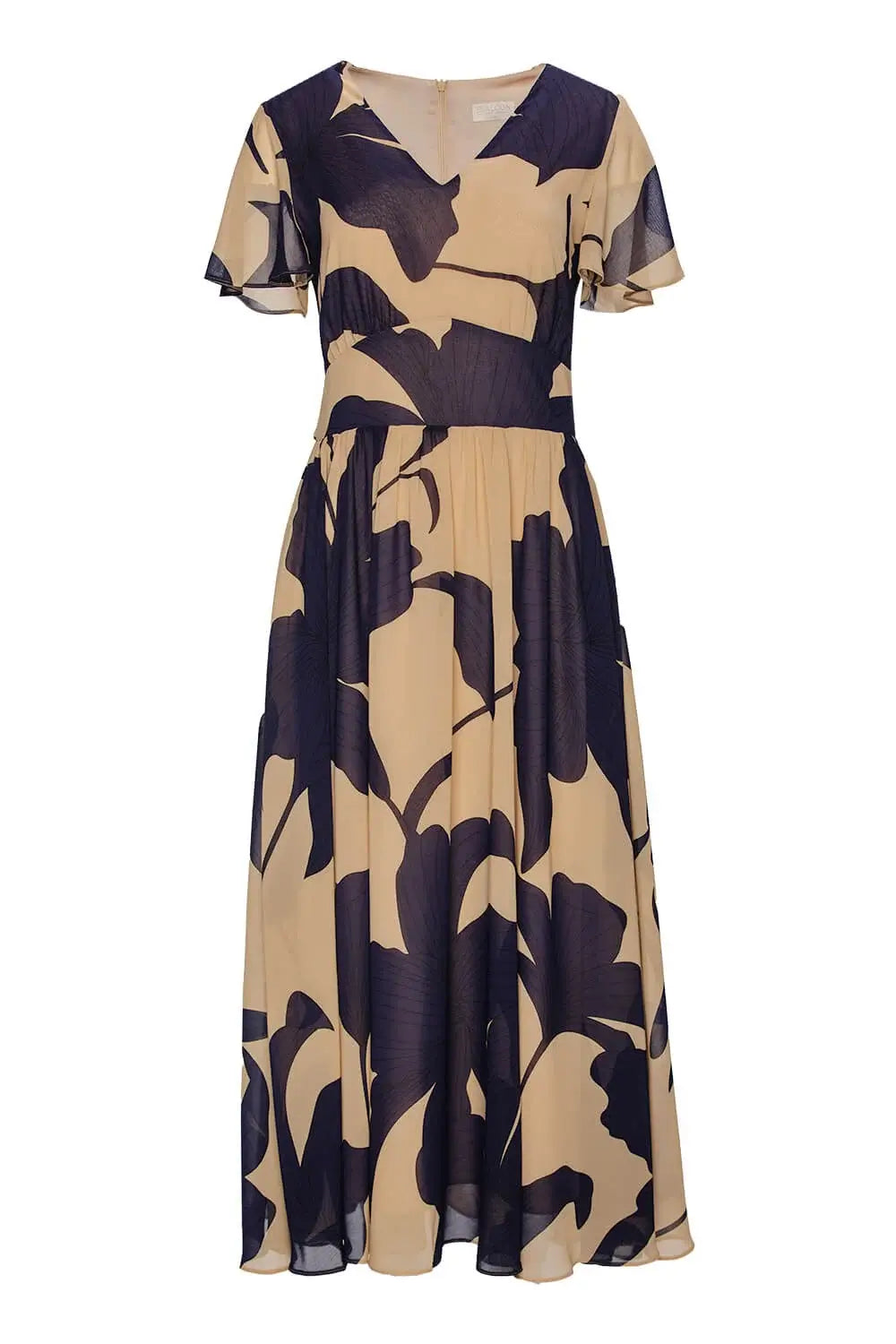 Beige Floral Dress with Butterfly Sleeves