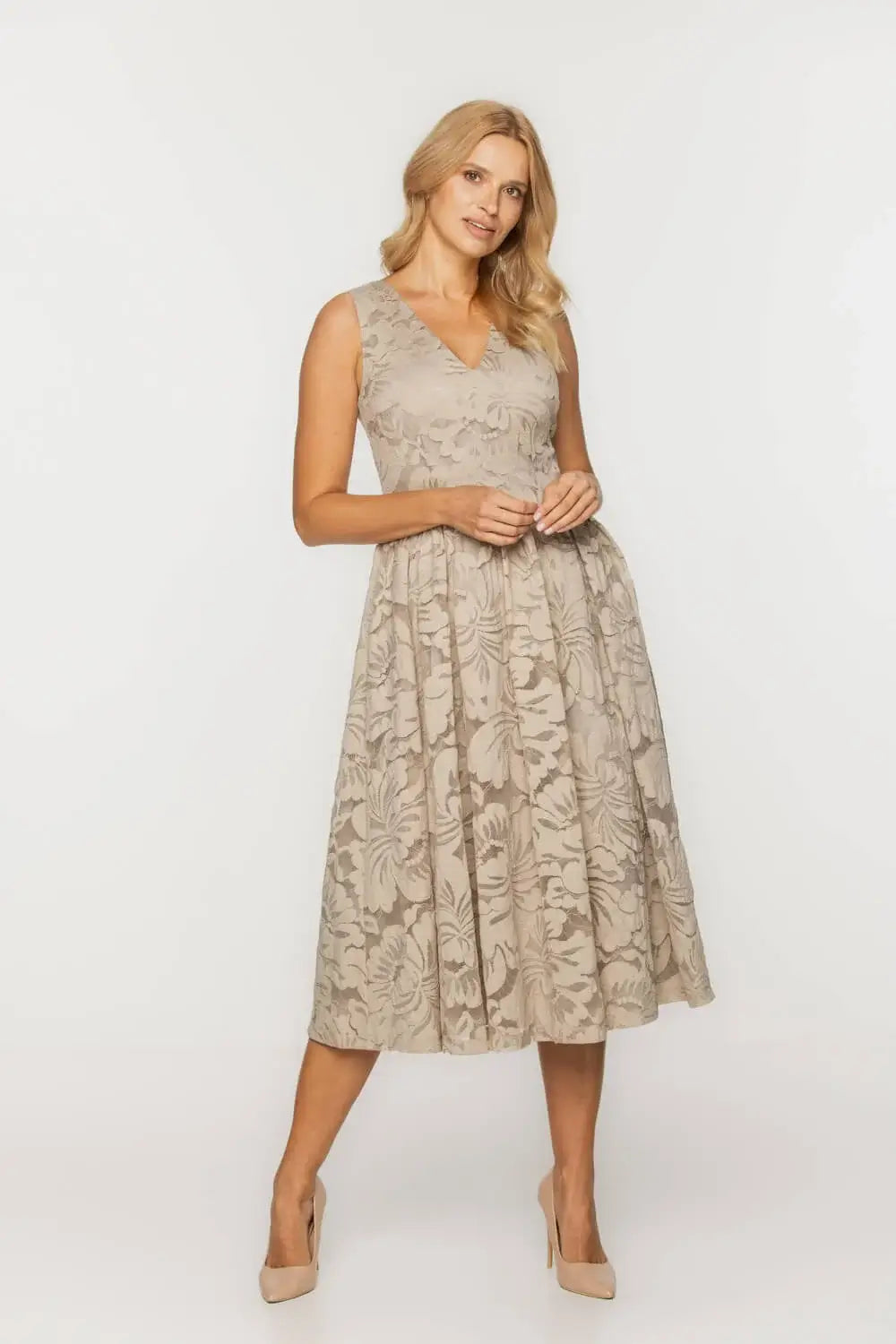 Beige Lace Midi Dress