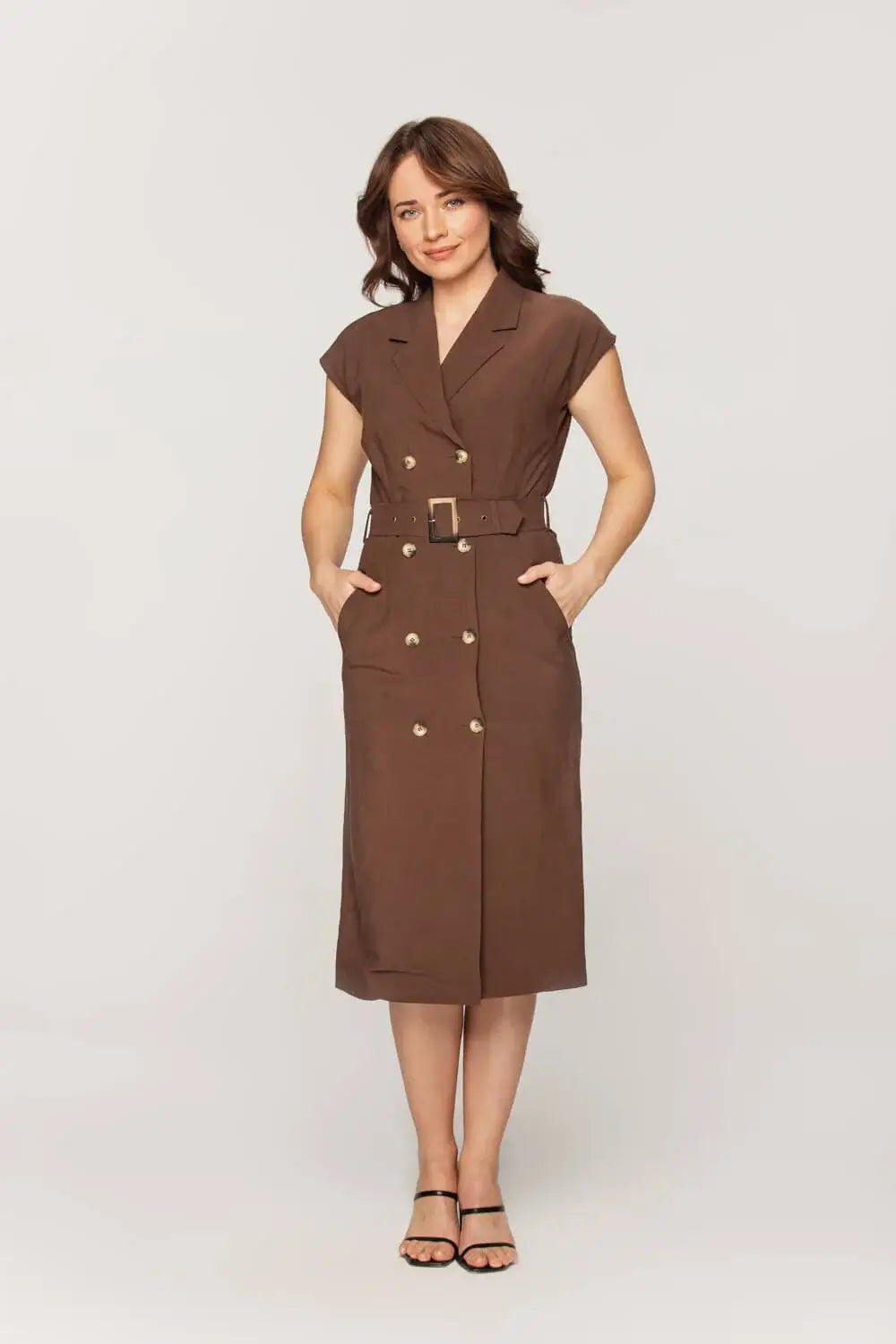 Chocolate Brown Double-Breasted Linen Dress