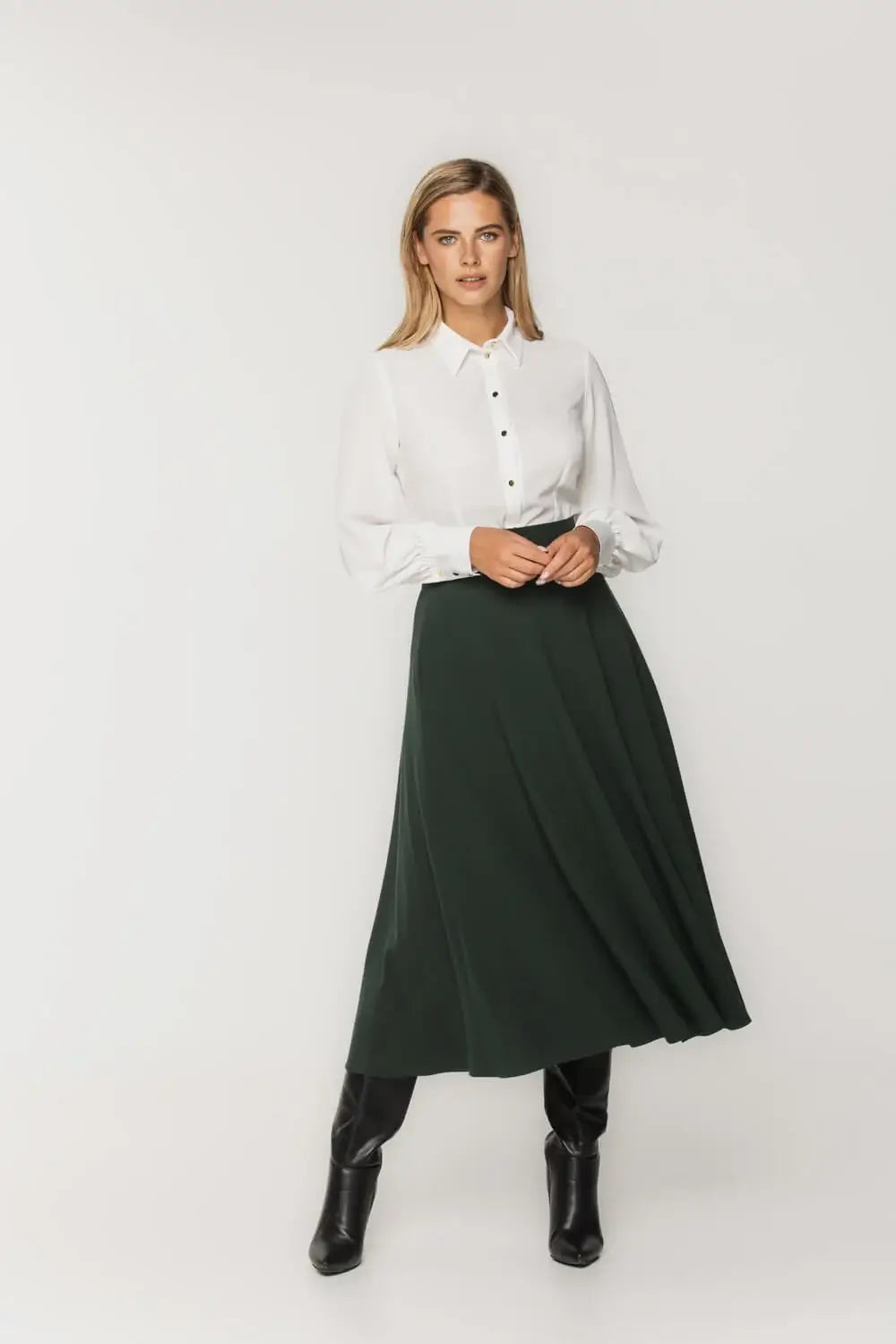 Dark Green Flared Midi Skirt