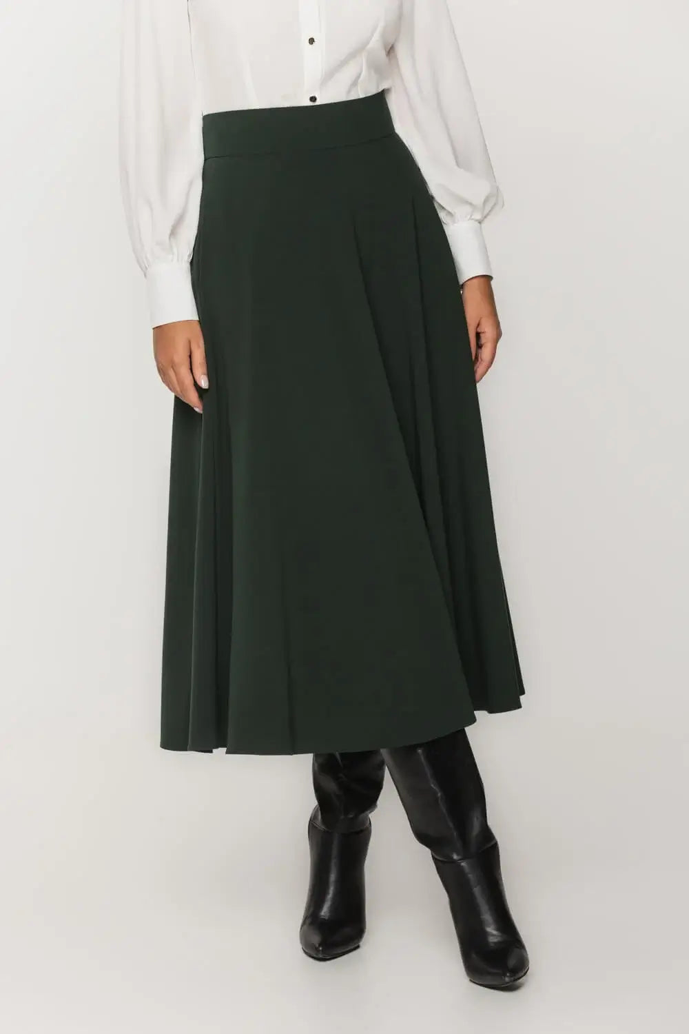 Dark Green Flared Midi Skirt