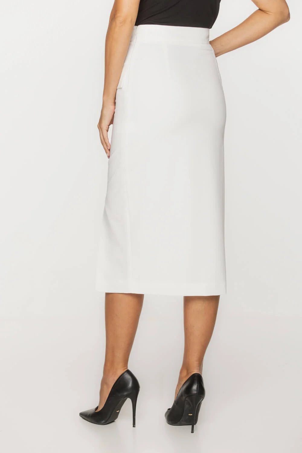 Golden-Buttoned Ecru Pencil Skirt