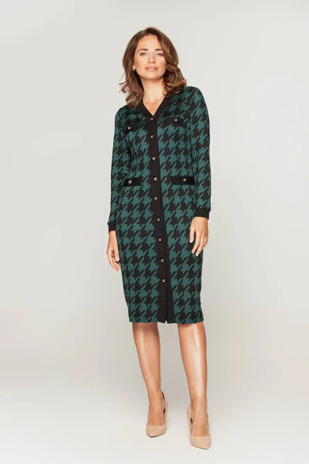 Fitted Black Houndstooth Knit Dress