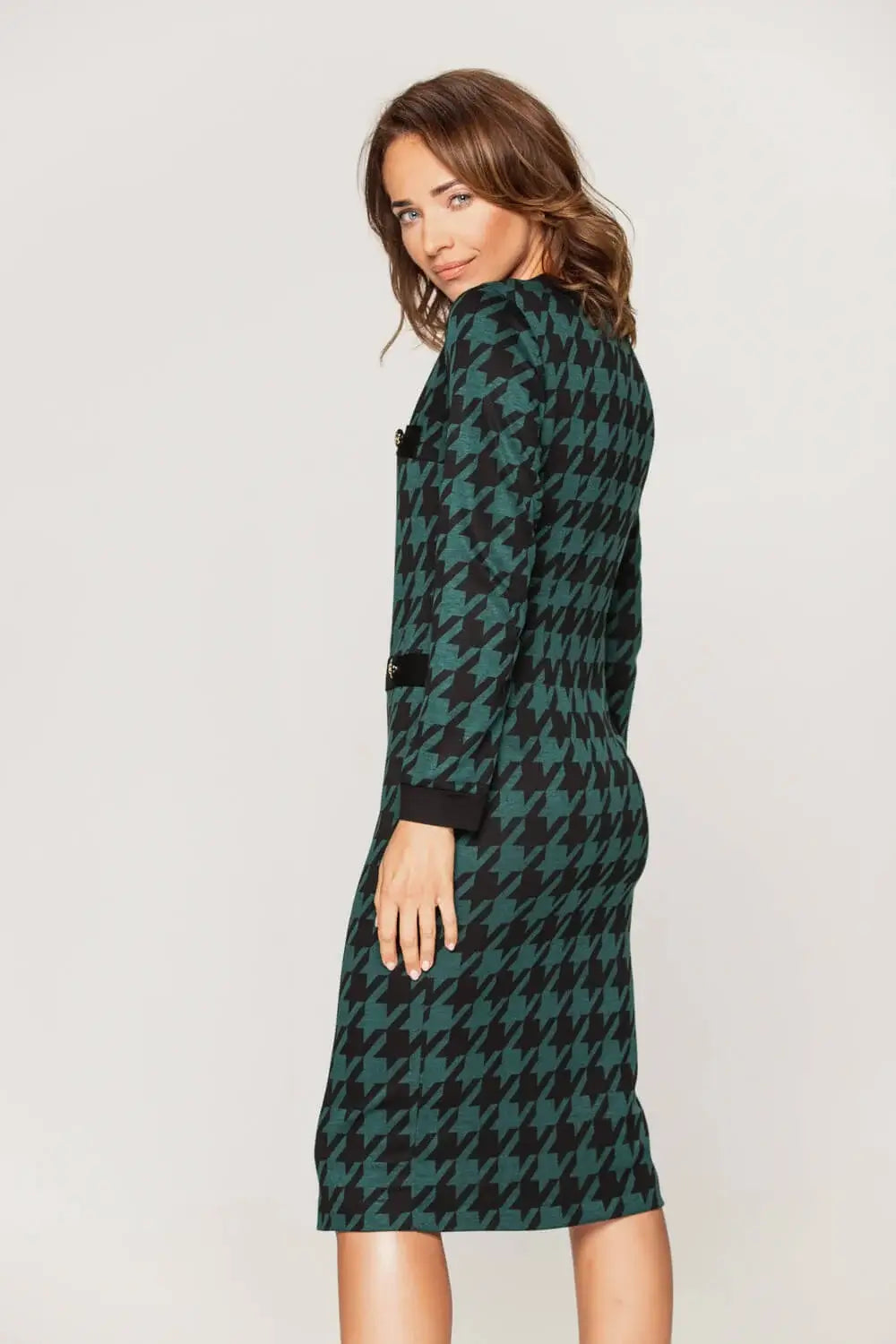 Fitted Black Houndstooth Knit Dress