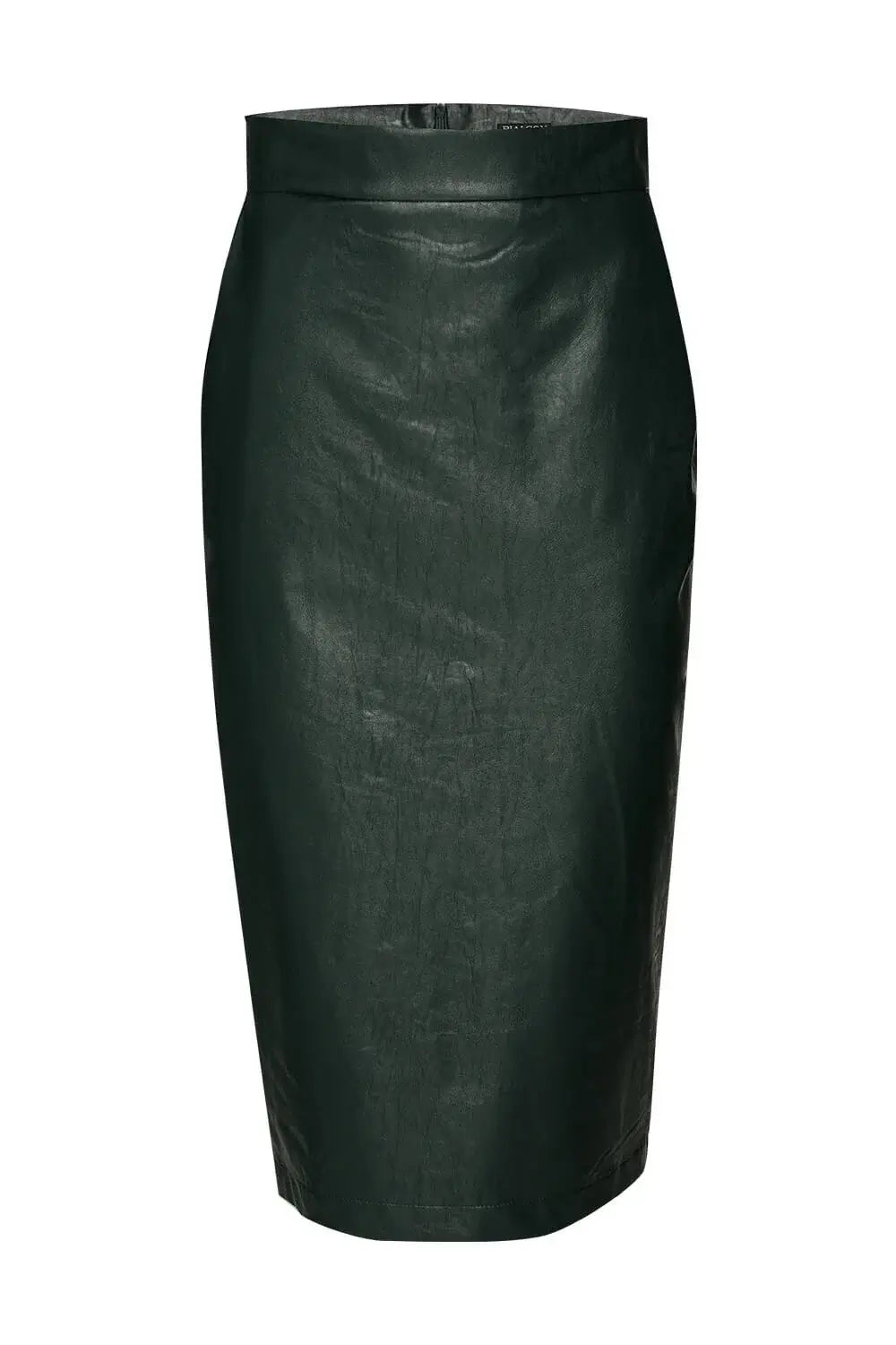 Fitted Knee-Length Dark Green Vegan Leather Skirt