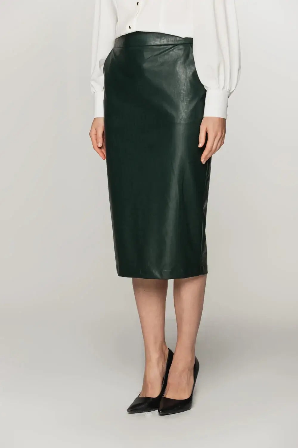 Fitted Knee-Length Dark Green Vegan Leather Skirt