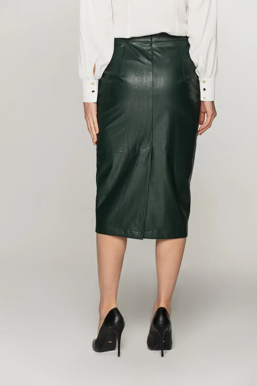 Fitted Knee-Length Dark Green Vegan Leather Skirt