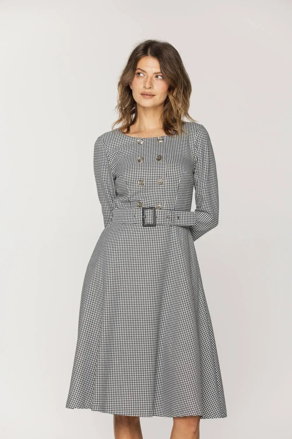 Houndstooth Flared Midi Dress