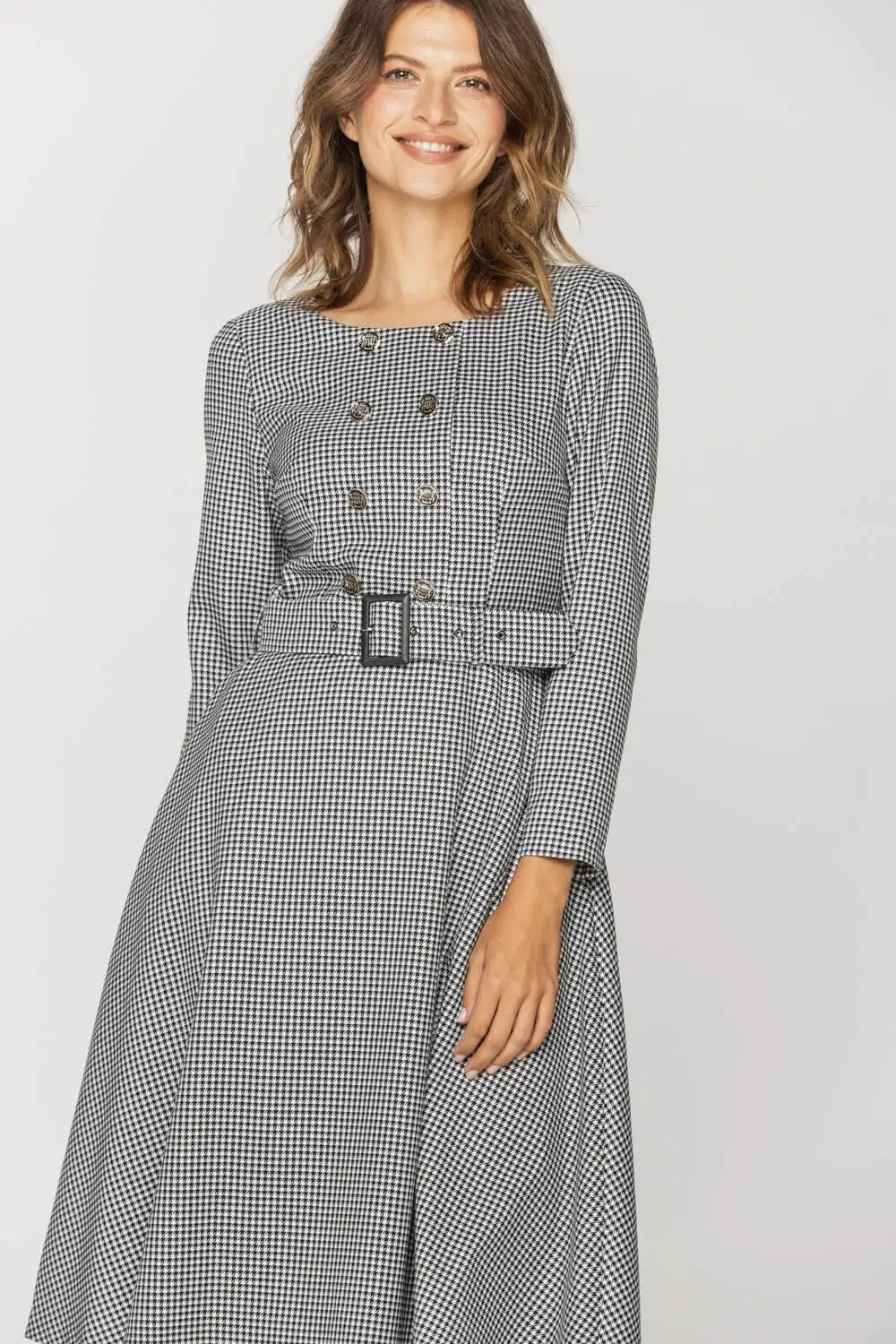 Houndstooth Flared Midi Dress