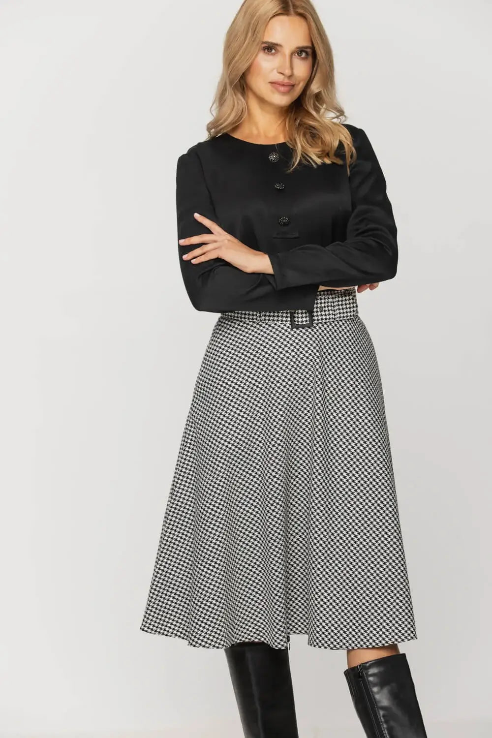 Houndstooth Flared Skirt with Belt