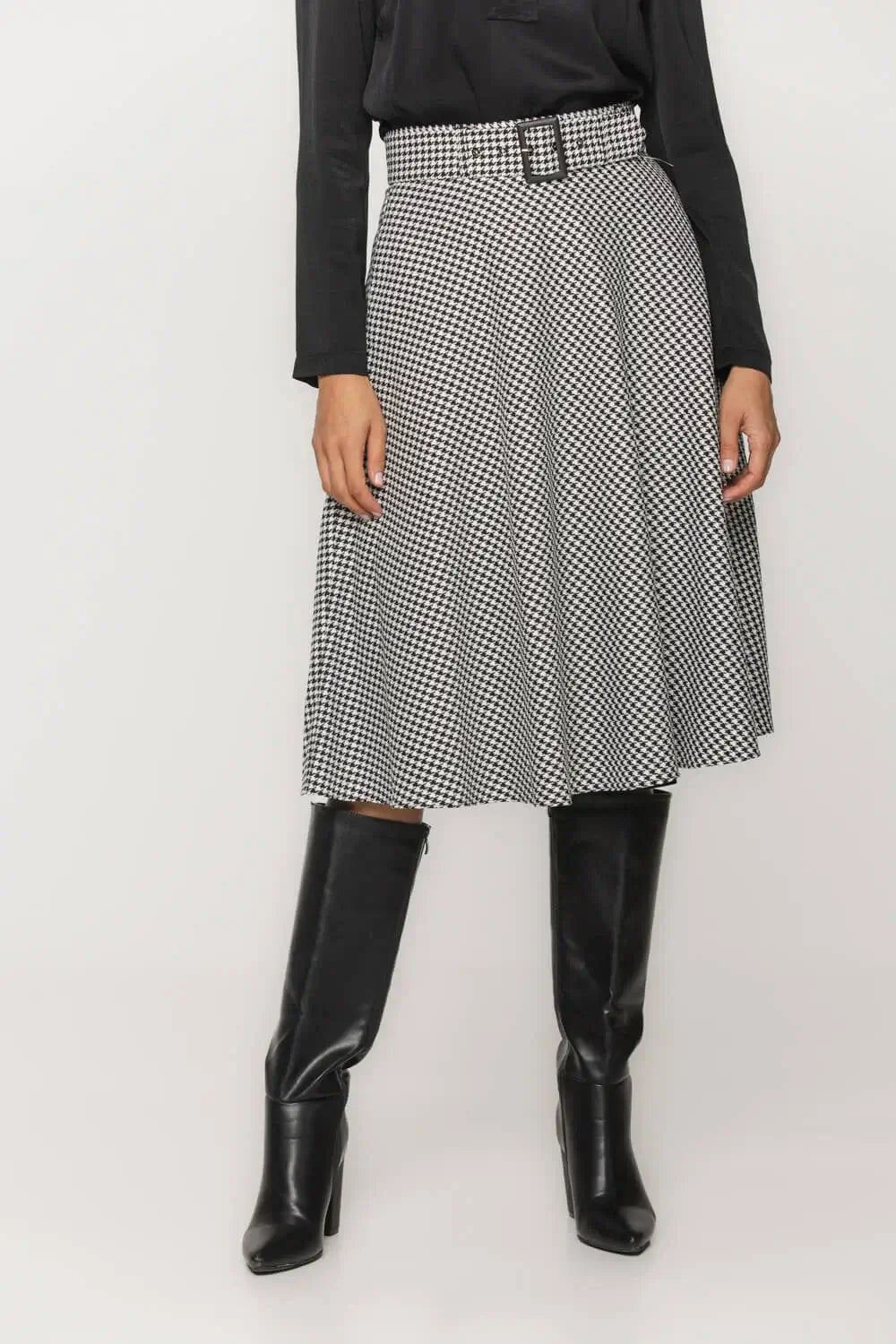 Houndstooth Flared Skirt with Belt