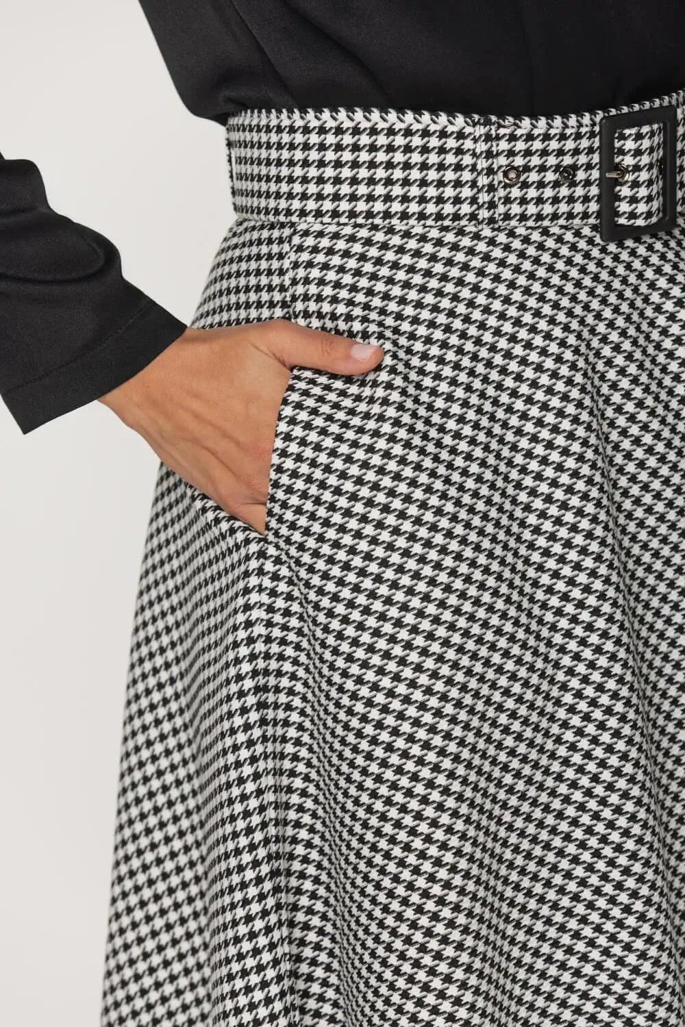 Houndstooth Flared Skirt with Belt