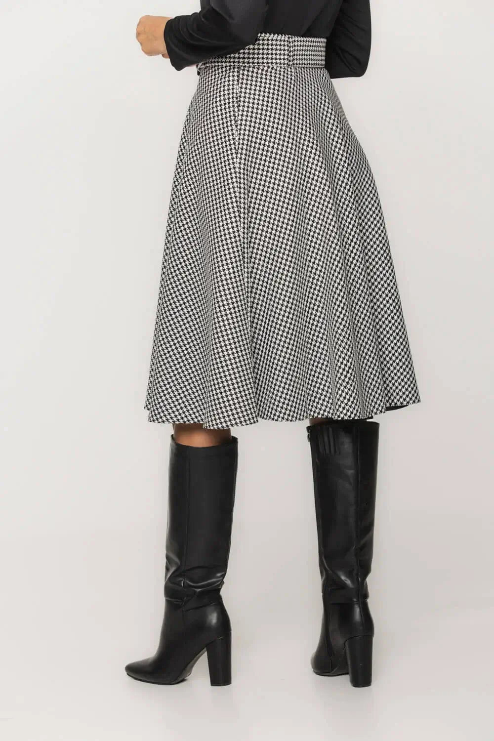 Houndstooth Flared Skirt with Belt