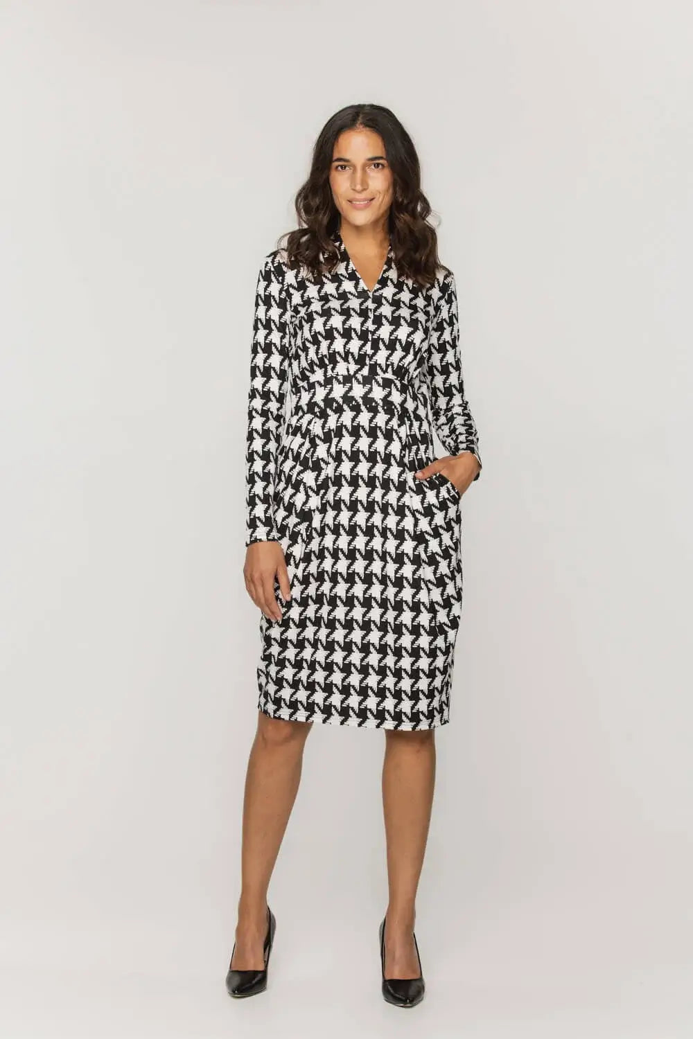 Houndstooth V-Neck Knit Dress