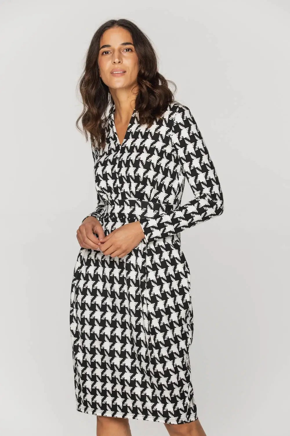 Houndstooth V-Neck Knit Dress