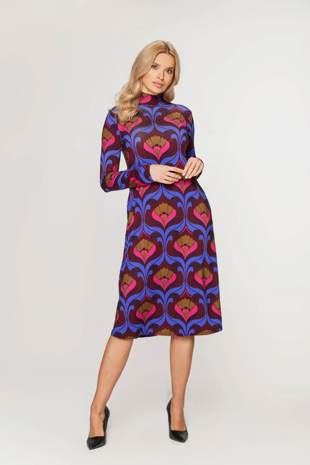 Patterned Dress with Mock Neck