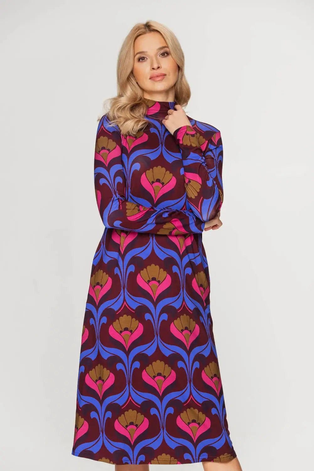 Patterned Dress with Mock Neck