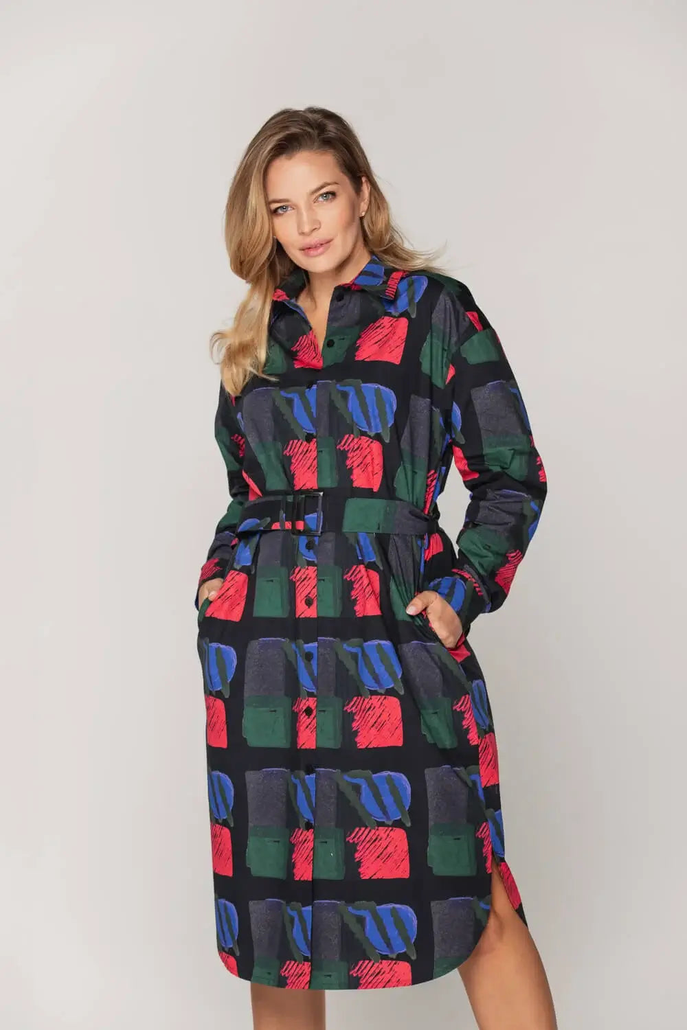 Patterned Shirt Dress with Belt