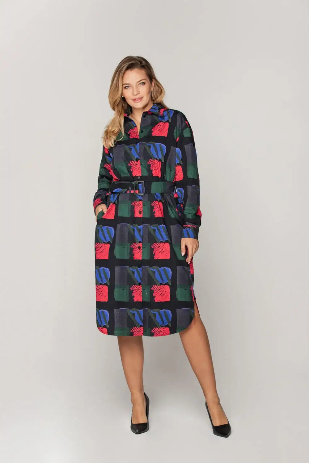 Patterned Shirt Dress with Belt